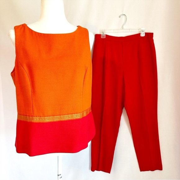 VTG Jessica Howard 2 Piece Suit Sleeveless Top Trouser Pant Orange Red MOD 12/14 - Picture 2 of 13